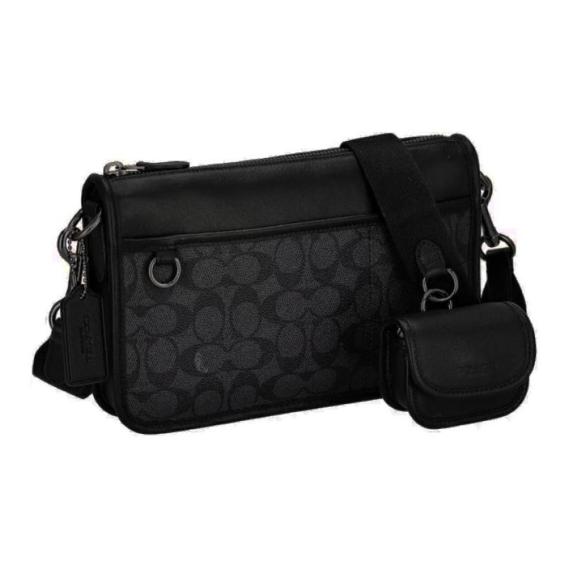 COACH Heritage 24 Zip closure brand print coated canvas shoulder crossbody bag medium men's charcoal and black
