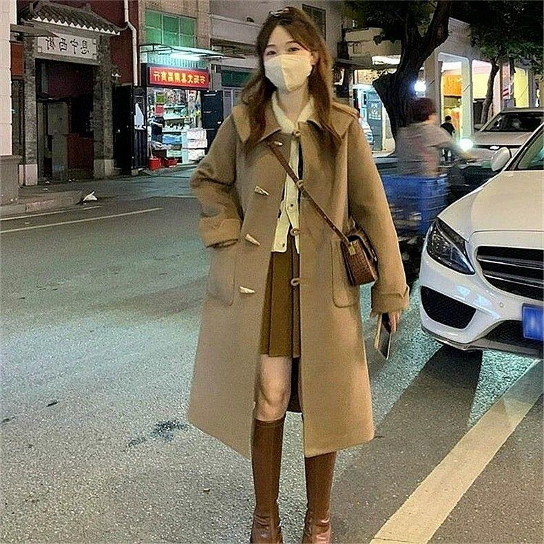 High-End Thickened Woolen Trench Coat with Horn Buttons Autumn Winter Mid-Length Outer Wear