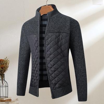 Men Sweater Coat Zip-up Stand Collar Patchwork Long Sleeves Contrast Color Plus Size Slim