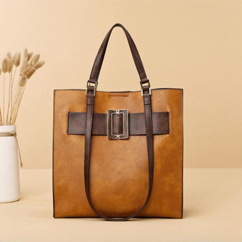 European and American Retro Women's Handbag 2024 Summer New Contrasting Color Vertical Square Tote Bag PU High End Commuter Office Worker Shoulder Bag