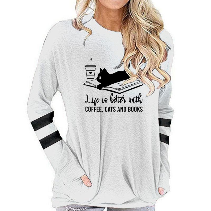 Long Sleeve T-shirt Women Books Lovers Tops Tees Life Is Better with Coffee Cat and Books Print Women Tshirt