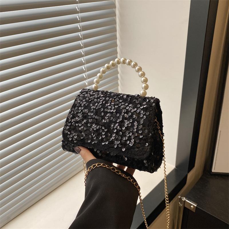Stylish Sequined Handheld Small Square Bag 2024 Trendy Chain Shoulder Bag For Casual Use