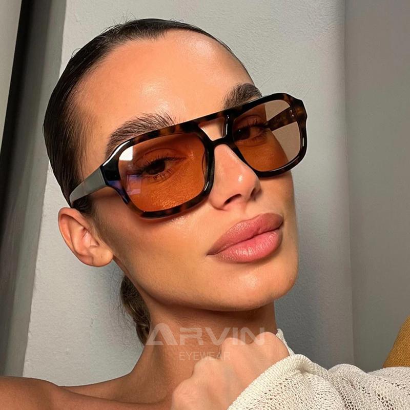 Popular Fashion Leopard Women'S Sunglasses Retro Double Bridges Square Sunglass Female Big Frame Ocean Gradient Eyewear