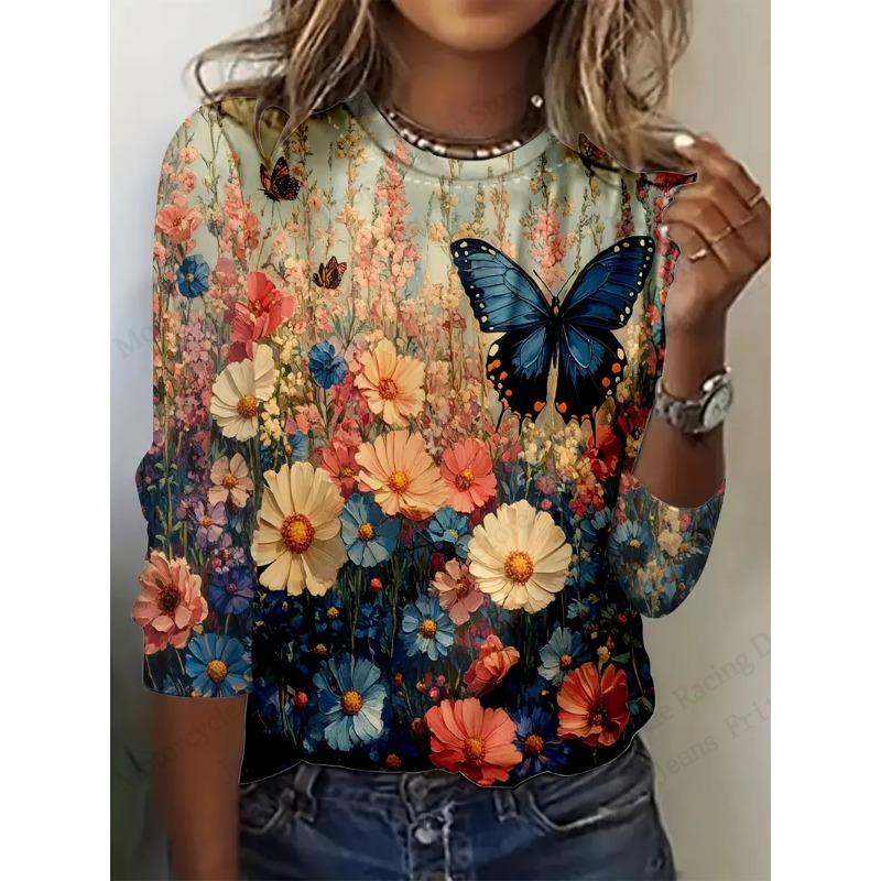 Bird Floral Patterns Graphic 3d Print T-Shirt Women Fashion Casual Oversized Long Sleeve T-shirt Women Clothing Flower Tops Tees