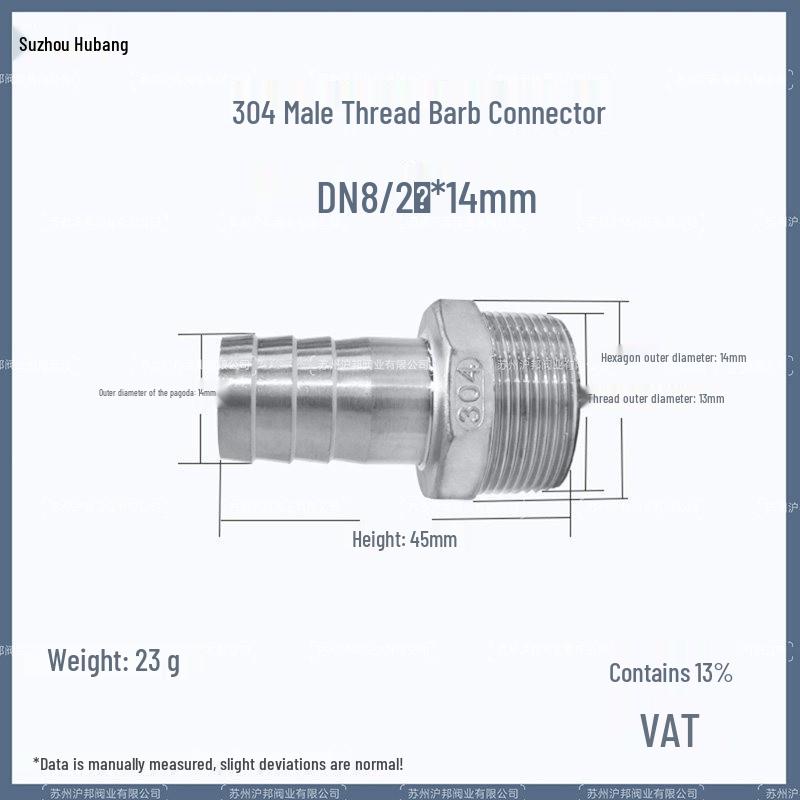 1" Hexagonal Barb Connector, 304 Stainless Steel for Water Pipe Hose, 316 Male Thread Plug