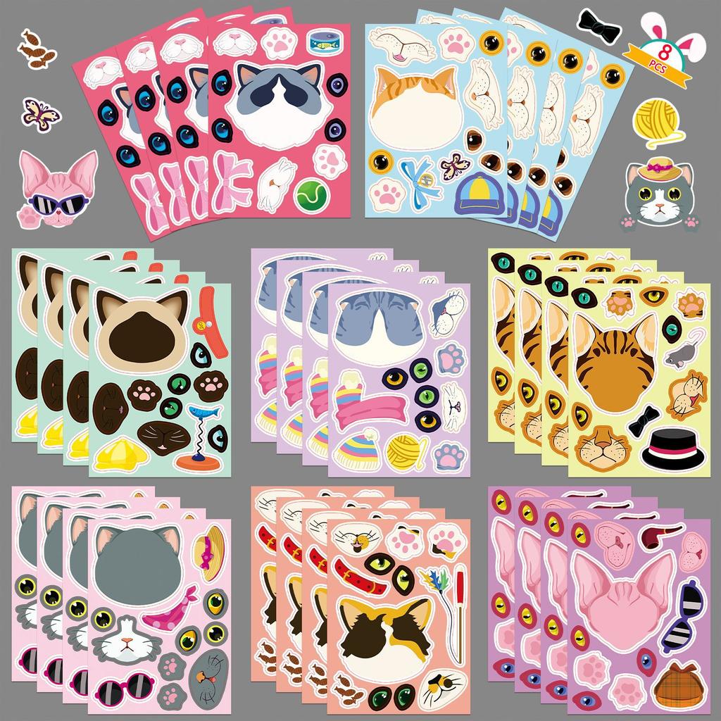 8 Pictures/set of Cat Face Changing Graffiti Stickers Cartoon Cute Make A Face Puzzle DIY Puzzle Stickers