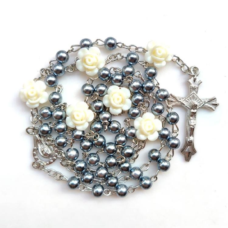 Devotional Rosary Necklace for Women, Acrylic Pearl Beads With Crosses, Fashionable Spiritual Wear