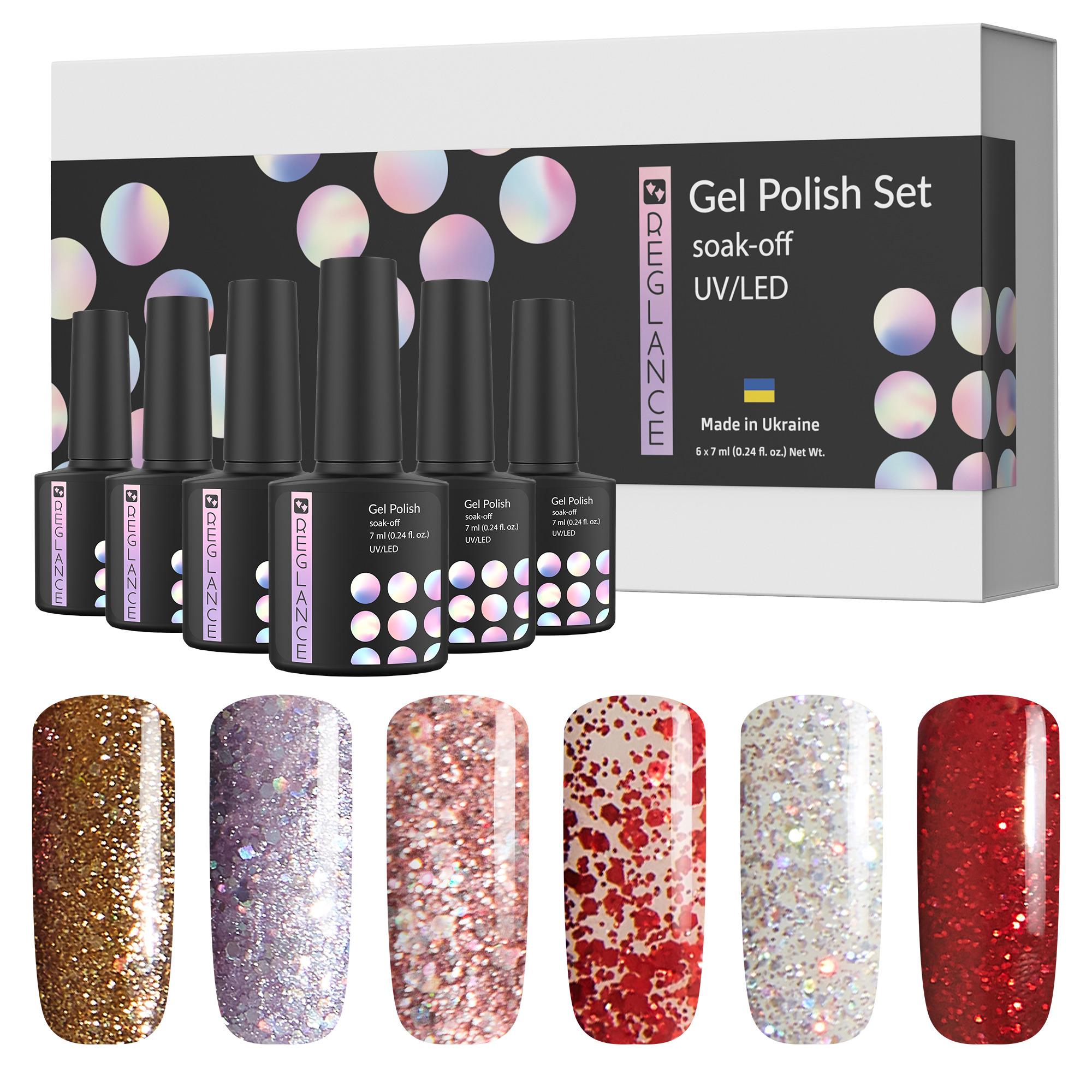 

Набір для гель-лаку 6 кольорів Reglance 7,5 мл Soak Off UV LED скляна пляшка | Світловідбиваючий | Котяче око