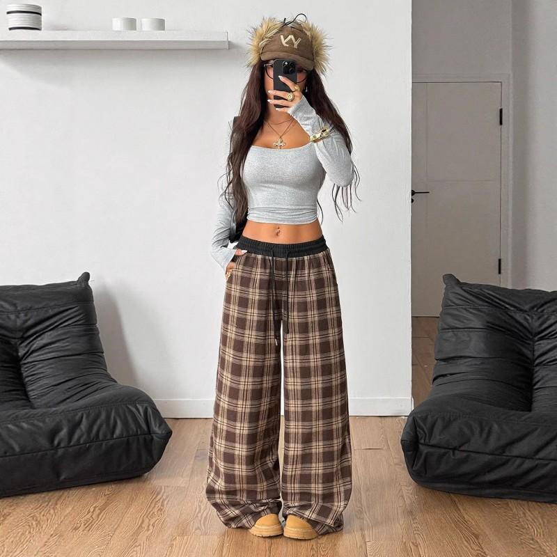 Womens Relaxed Fit Plaid Wide Leg Pants With Drawstring Waist Fall Winter Casual Trousers