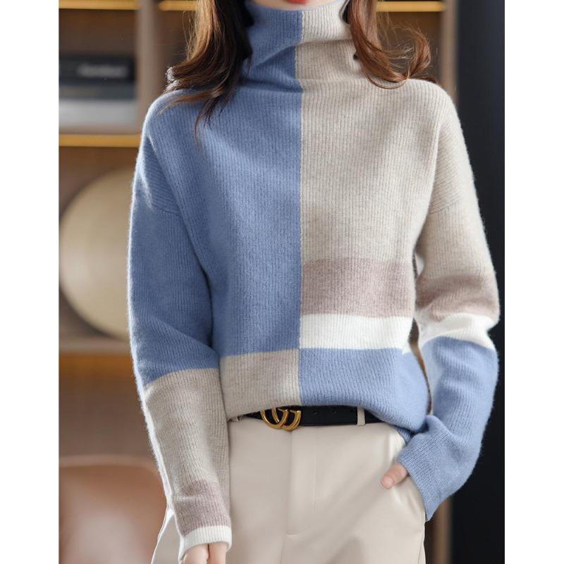 High-necked contrasting pullover sweater with new autumn and winter temperament commuting soft waxy bottoming knitted sweater for women