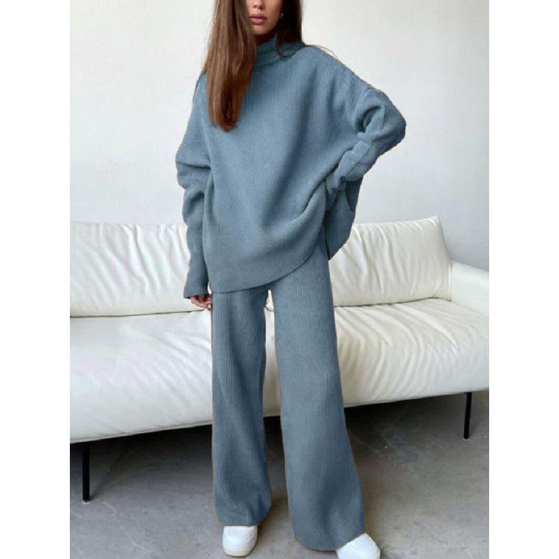 Women's Casual Two-Piece Suit, Long Sleeve, Wide-Leg Pants, Loose Turtleneck, Knitted, European and American Fashion