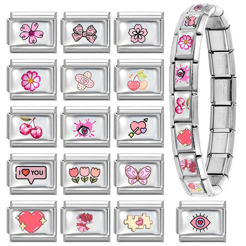 Sweet Pink Flowers Girls' Eye Cherry Star Bow Love Charm Link Fit 9mm Stainless Steel Bracelet Women Men Making DIY Jewelry Gift