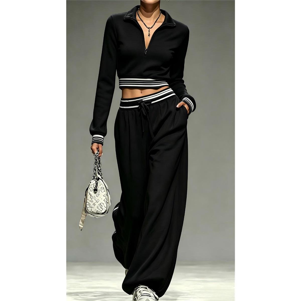 Dames 2-delig Trainingspak Revers Halve Rits Cropped Top Gestreept Tailleband Wijde Pijpen Broek Set Casual Sport Dames Twee Delig Outfit XS zwart