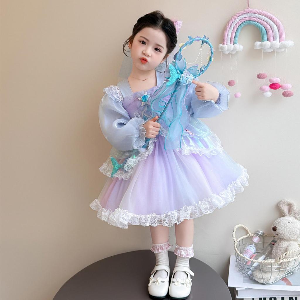 Meisjes Elegante Koreaanse Zeemeermin Prinses Jurk - Lente/Herfst 2026 Lolita Pofmouwtjes Formele Kleding