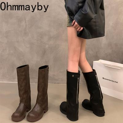 Damen-Kniehohe Stiefel mit dickem Absatz, modische Schuhe mit Reißverschluss hinten, Herbst/Winter, weiches Leder, Vintage-Stil