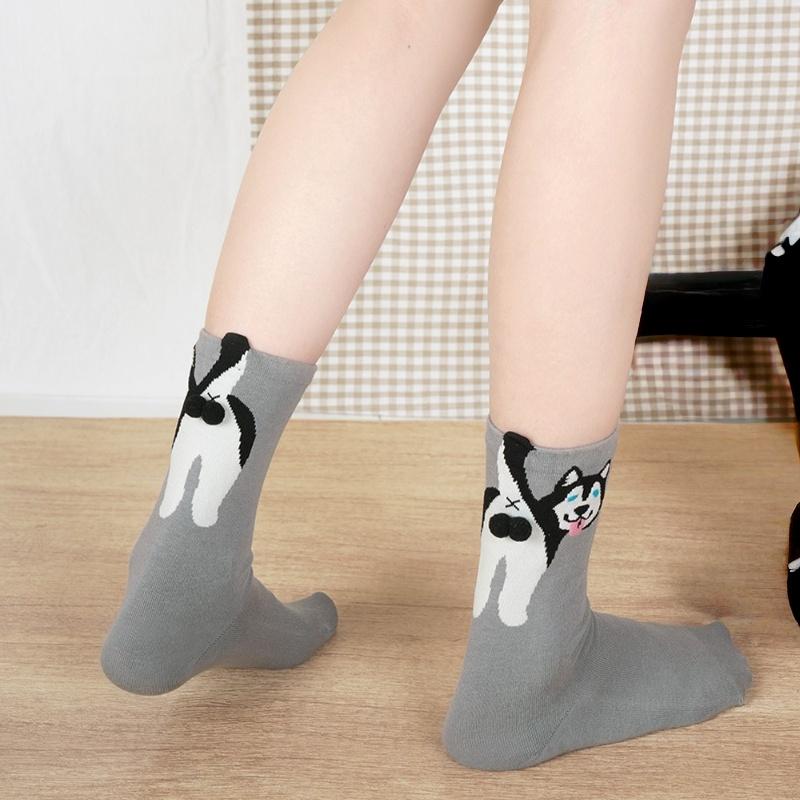 1/2Pair Cartoon Cute Dog Egg Cotton Socks Kawaii Women Lolita Knitting Middle Tube Socks Cat Butt Print Cat Balls Couple Sock