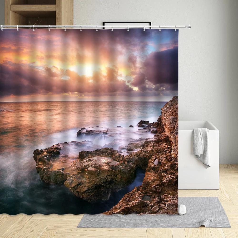 

Summer Beach Shower Curtain Sailing Boat Dusk Scenery Bathroom Curtains Waterproof Polyester Fabric With Hooks Bathtub Screen W60H190(CM)-1 Pcs