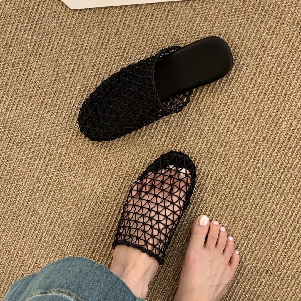 Retro new mesh hollow breathable cool slippers fishing net woven bag head half drag flat muller shoes Roman sandals