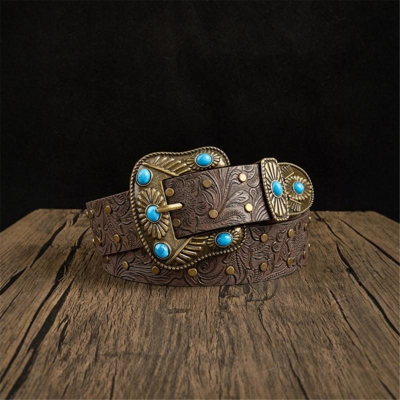 Western Engraved Leather Belt Adjustable Waistband Durable PU Material For Men Women