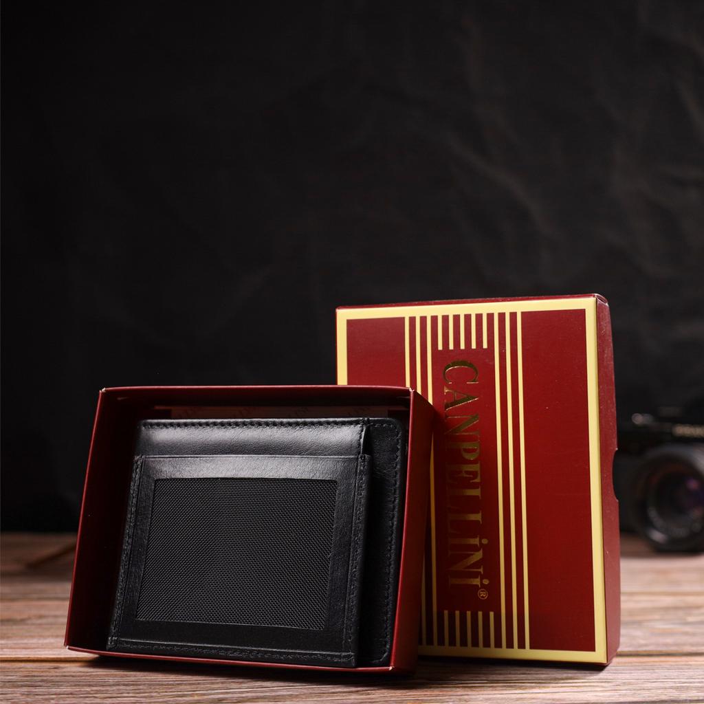Practical Compact Wallet with an Insert for ID for Men Made of Genuine Smooth Leather CANPELLINI 21876 Black