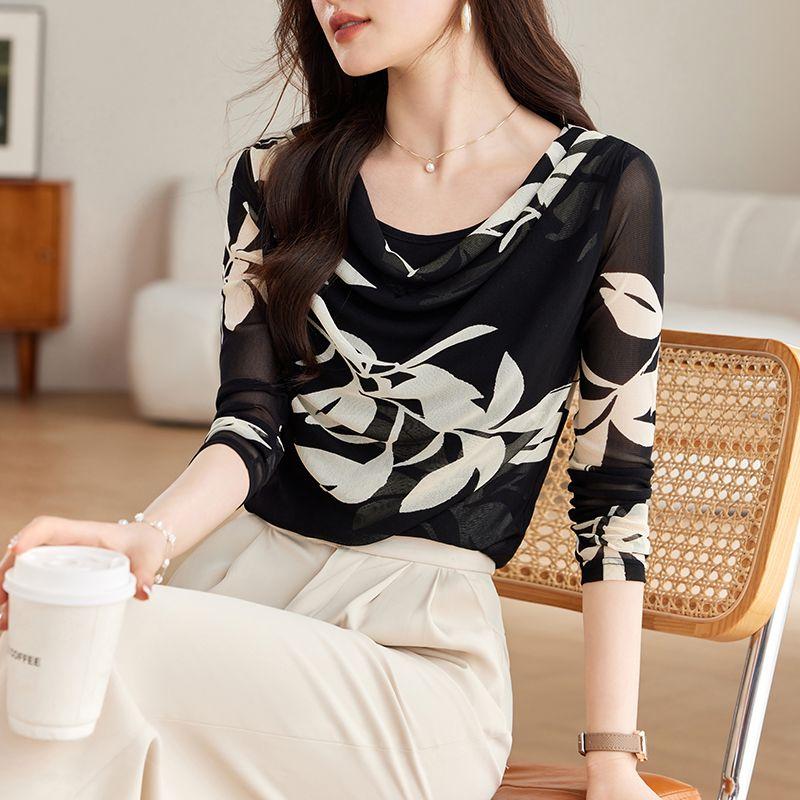 New Spring and Autumn Women's Style O-Neck Long Sleeve Slim Gauze Printed Temperament Pullovers Trendy Commute All-match Tops