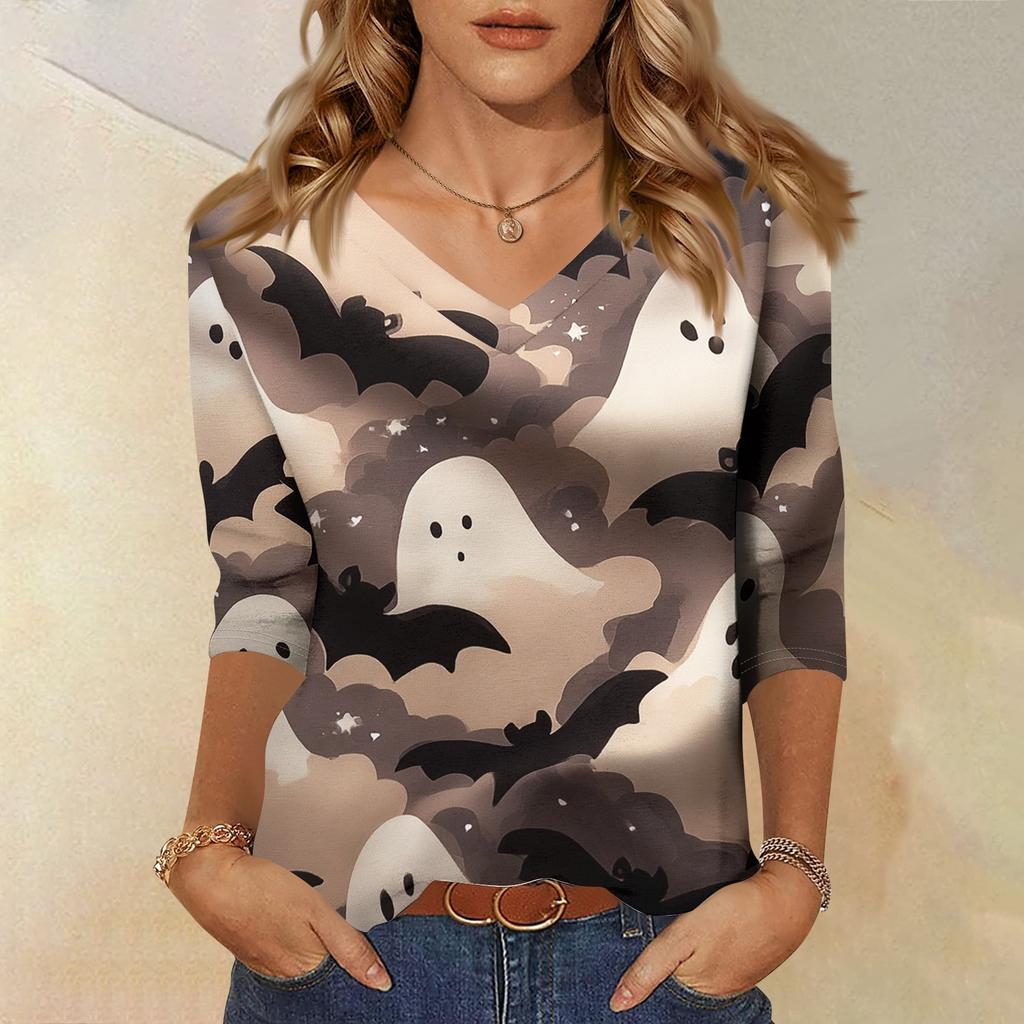 Women's Casual Halloween Print V Neck Three Quarter Sleeve Top Lightweight Soft Fabric Stylish Fit Comfortable Design