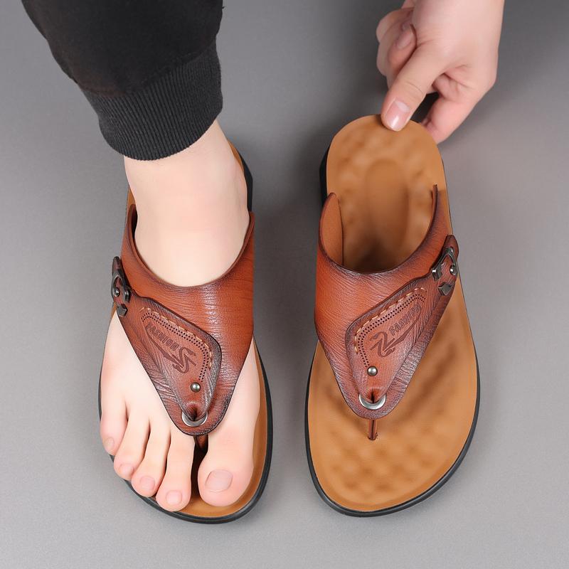 Fashion Summer Handmade Leather Slippers Trendy Fashion Men's Flip-flops Thick Soled Outdoor Breathable Comfortable Simple Men Slippers