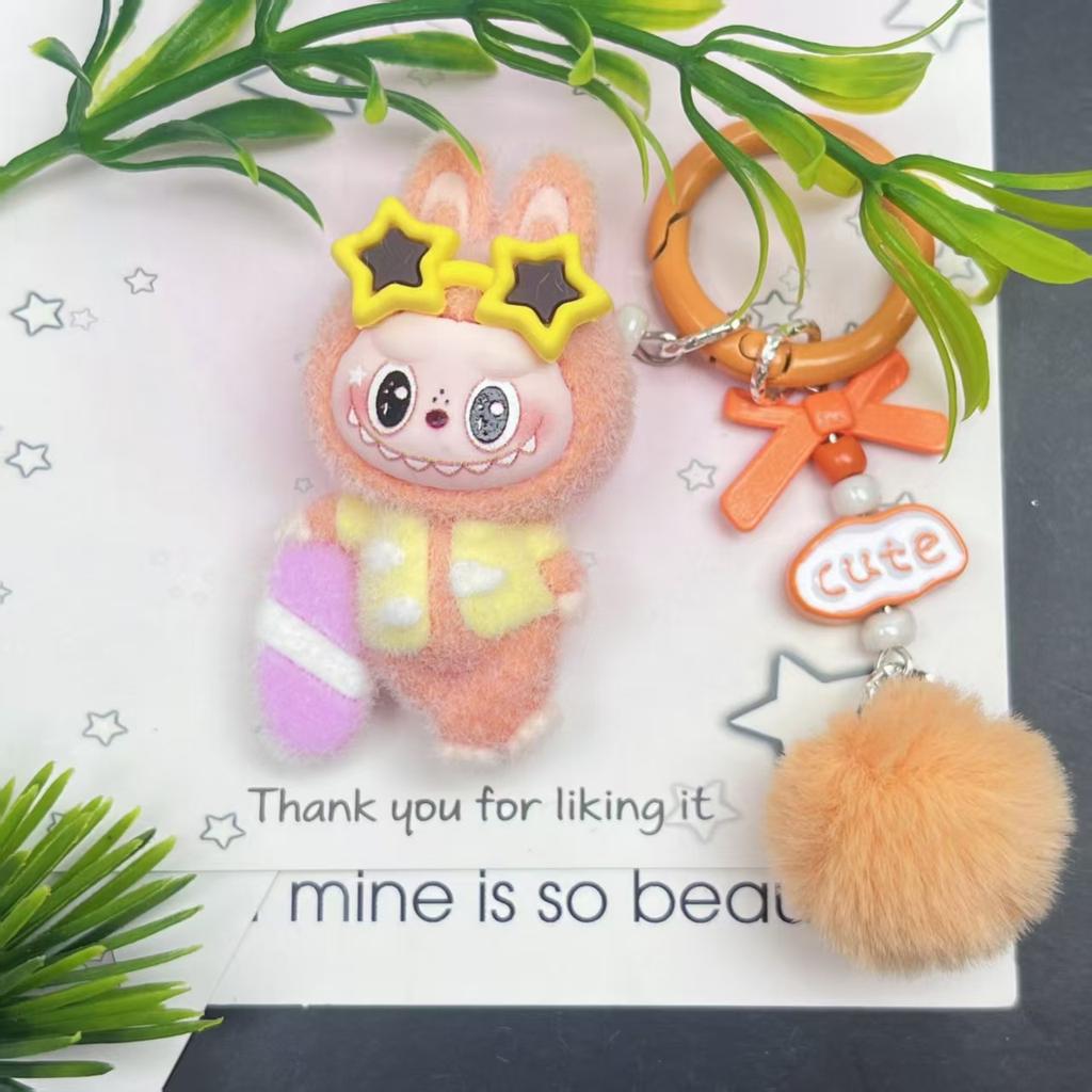 Tide Play Flocking Cute Doll Keychain Pendant Mini Car Desktop Ornament