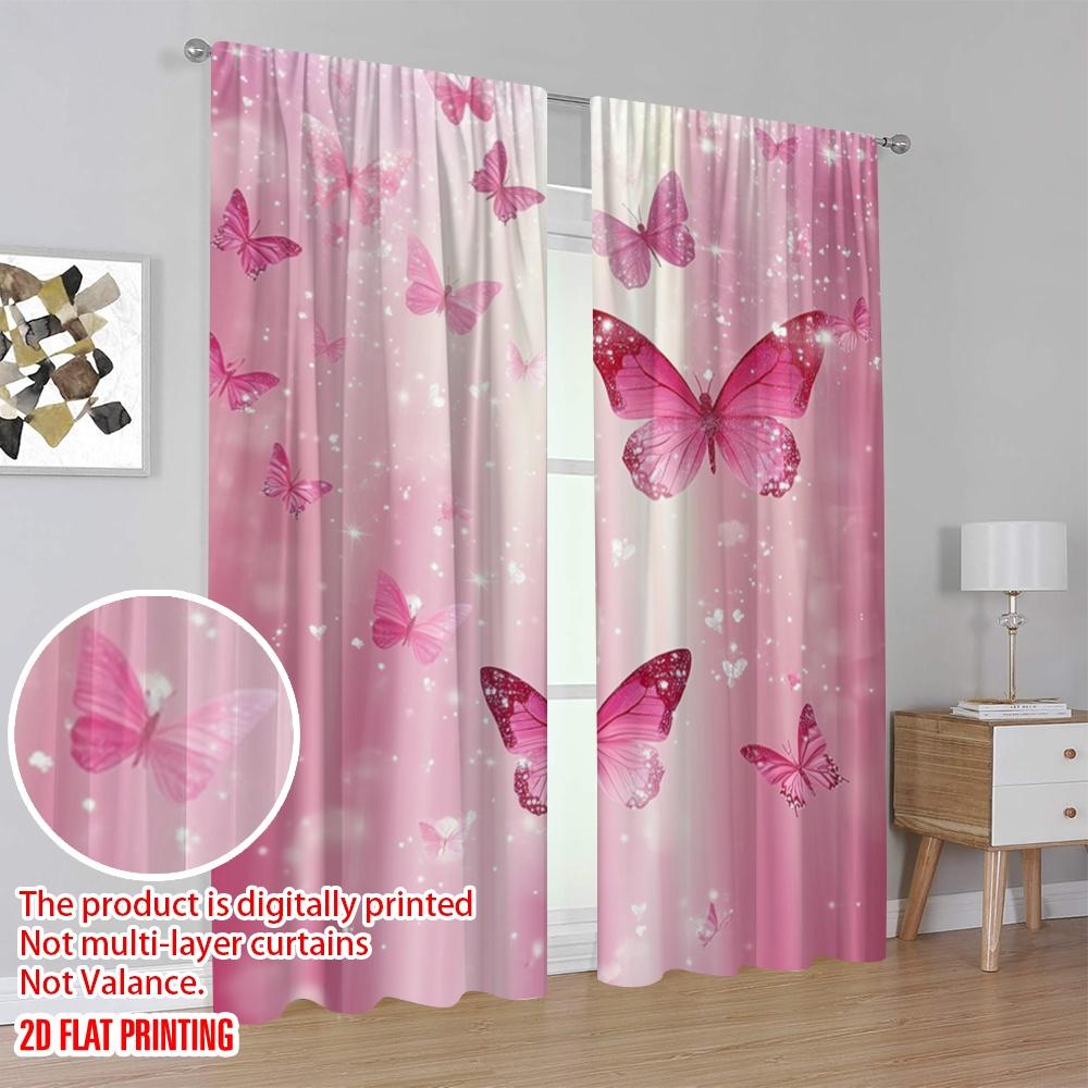 2pcs,2D Plane Printing Window Curtain Pink Flutterdreams Durable 100% Polyester Fabric (without Rod) Outdoor Decorations for