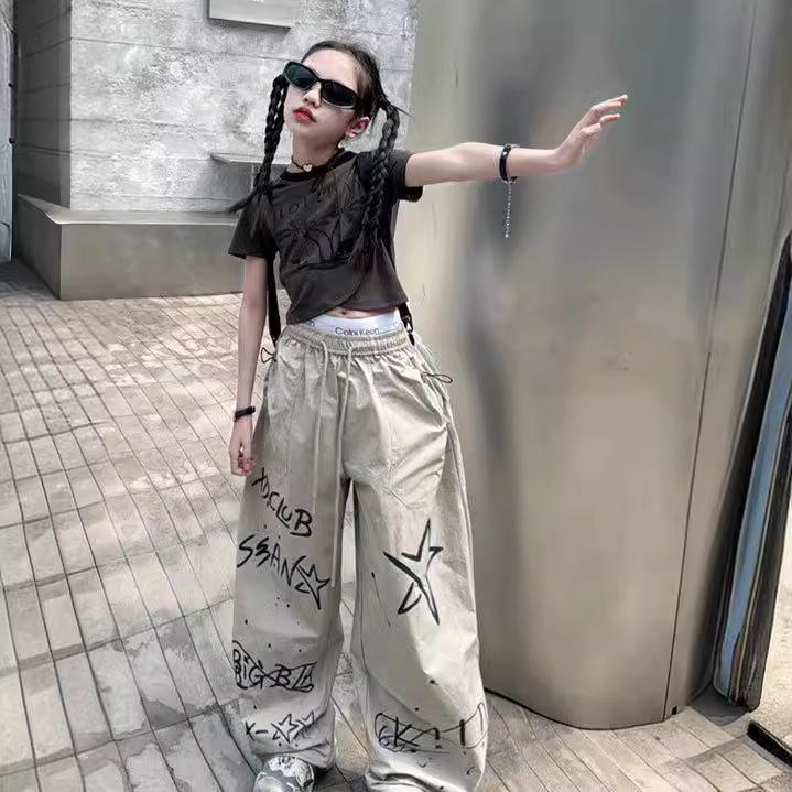 Girls' 2024 Summer Hip-Hop Graffiti All-Match Long Pants