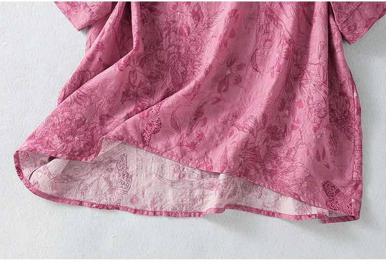 Bawełniano-lniana koszulka z krótkim rękawem, luźna, z okrągłym dekoltem, letnia, plus size