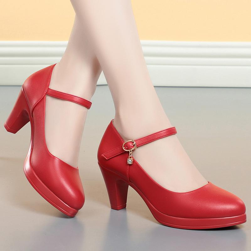 6.5cm Breathable Fashion Soft Leather Silver Red Wedding Shoes Woman Med Block Heels 2025 Platform Pumps Women for Office Mom