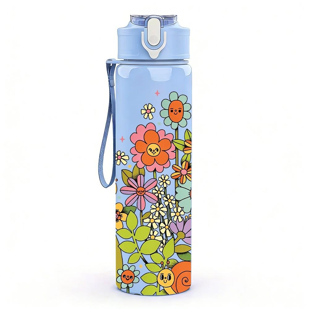 1PC Boho Wild Flower Art 750ml Color Plastic Sports Water Bottle Leakproof Flip Straw Lid Suitable for Sports Office Home Use