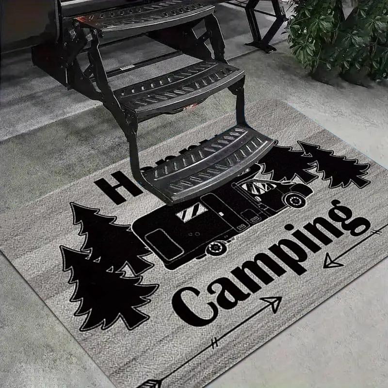 VIKAMA Happy Camping RV Doormat Camper Van Pine Tree Non Slip Absorbent Floor Mat Camper Trailer Outdoor Entryway Home Decor Mat
