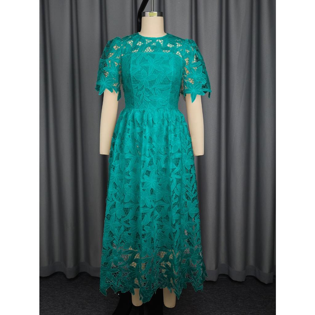 Plus Size Dames Elegante Kant Midi Jurk, Ronde Hals Uitgesneden Taille Ingesnoerd Feest Cocktail Avondjurk