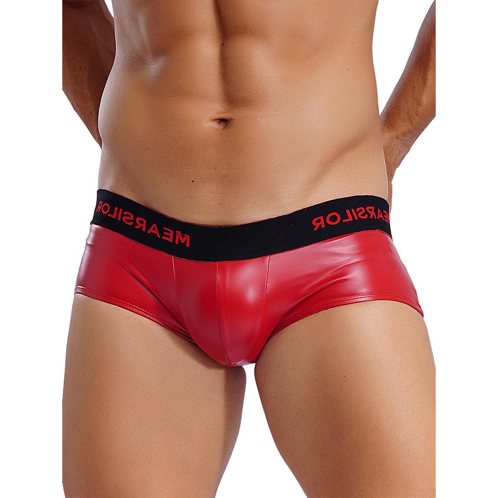 Mens Latex Boxer Briefs Low Rise Design Letter Print Waistband Convex Pouch Underwear Nightclub Loungewear