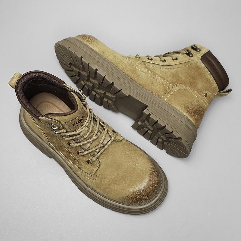 2025 Men's Genuine Leather Martin Boots: Retro British Yellow, Thick-Soled, Trendy, Short Hiking and Outdoor Mountaineering Footwear