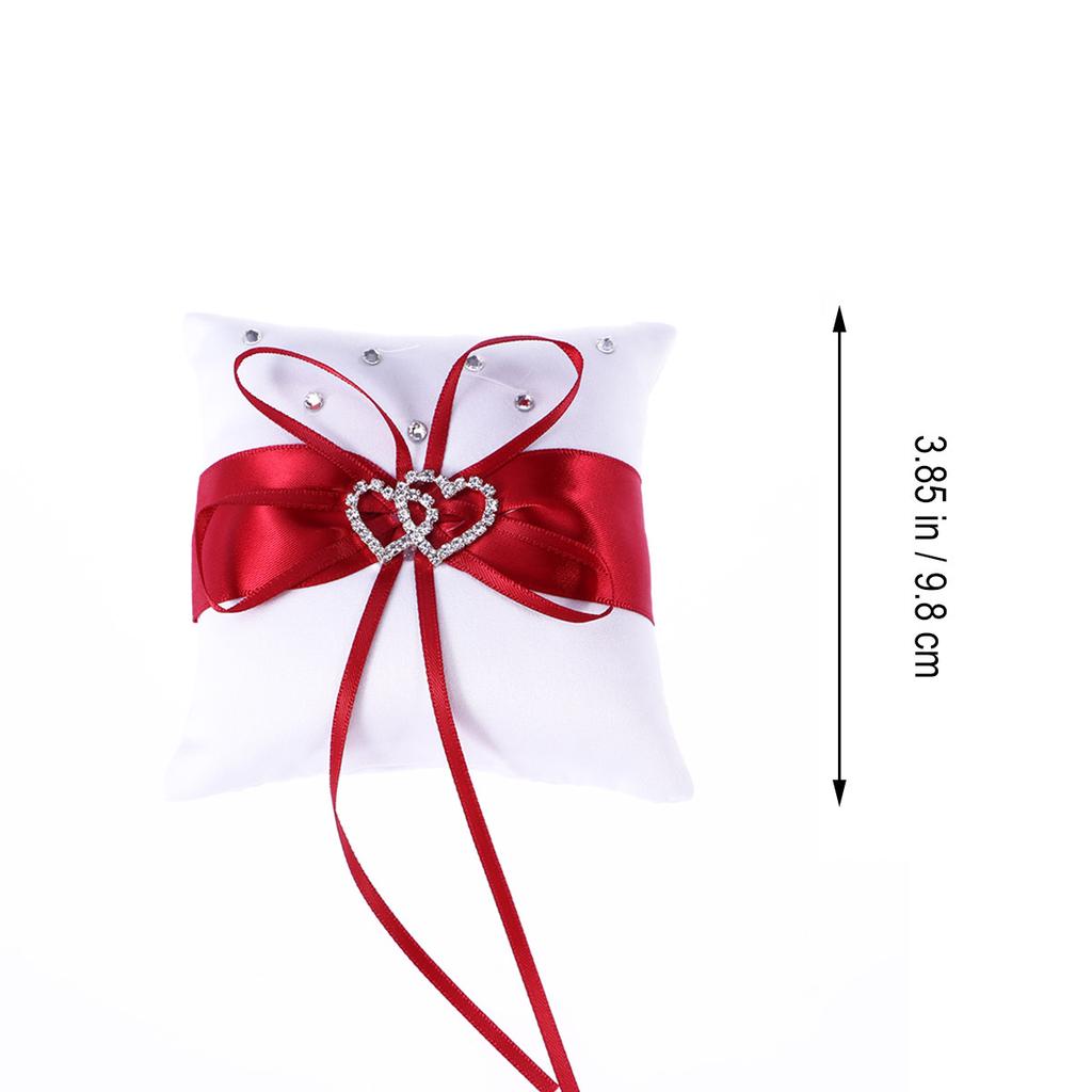 Cuscino Portafedi Matrimoniale Doppio Cuore Sposa Nastro di Raso Bianco Tasca con Strass con Cinturino per Portafedi