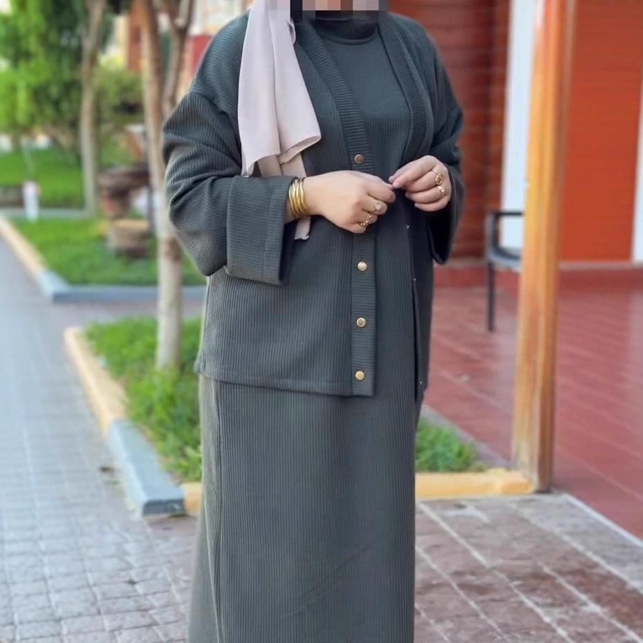 2025 cross-border European and American autumn new cardigan temperament button coat waist knitted hip skirt women's clothing