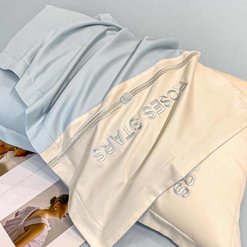 Embroidery Pure Cotton Four-piece Quilt Cover Solid Color Bed Sheet Light Luxury Style Bedding