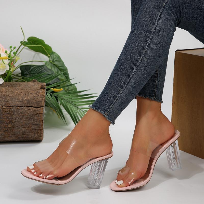 Fashion 2025 New Transparent High Heels Sandals Summer Medium Heel Thick Heel Sandals Women's Super Immortal Crystal Heel External Wear