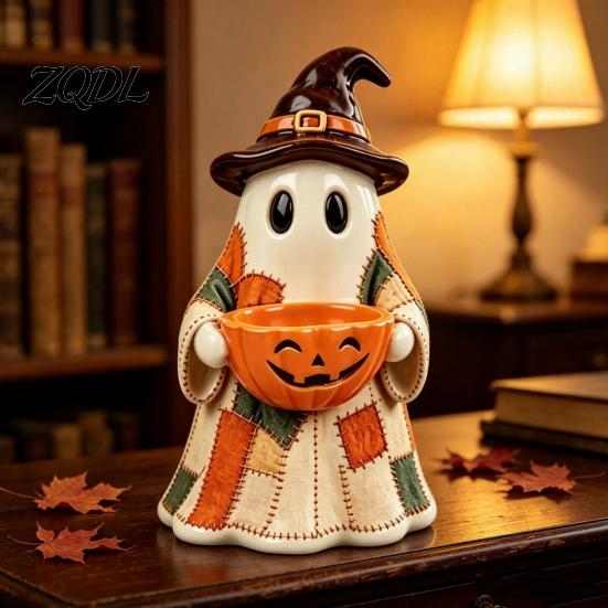 Festive Home Accents for Autumn Patchwork Ghost Halloween Decor, Resin Spooky Statue Holding Candy Living Room Bowl, Cute Tabletop Decor Office Party