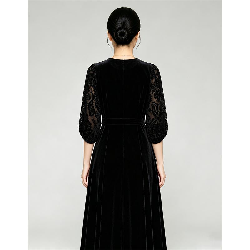 V-neck Velvet Waist Cinched Dress