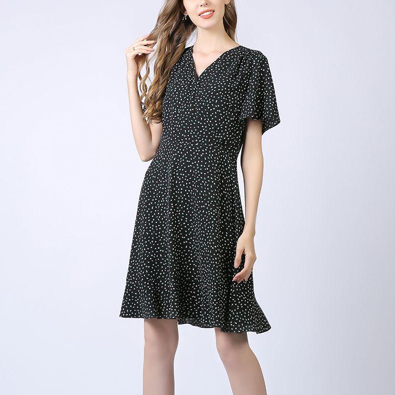 

Женское международное европейское/американское платье большого размера для дам в горошек из шифона Black M