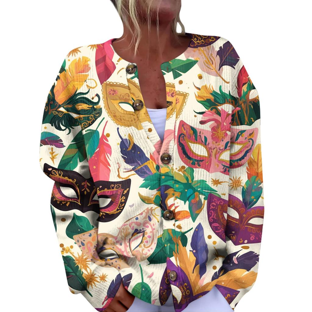 Damenmode Festival Bedruckter Langarm Strickcardigan mit Knopfleiste