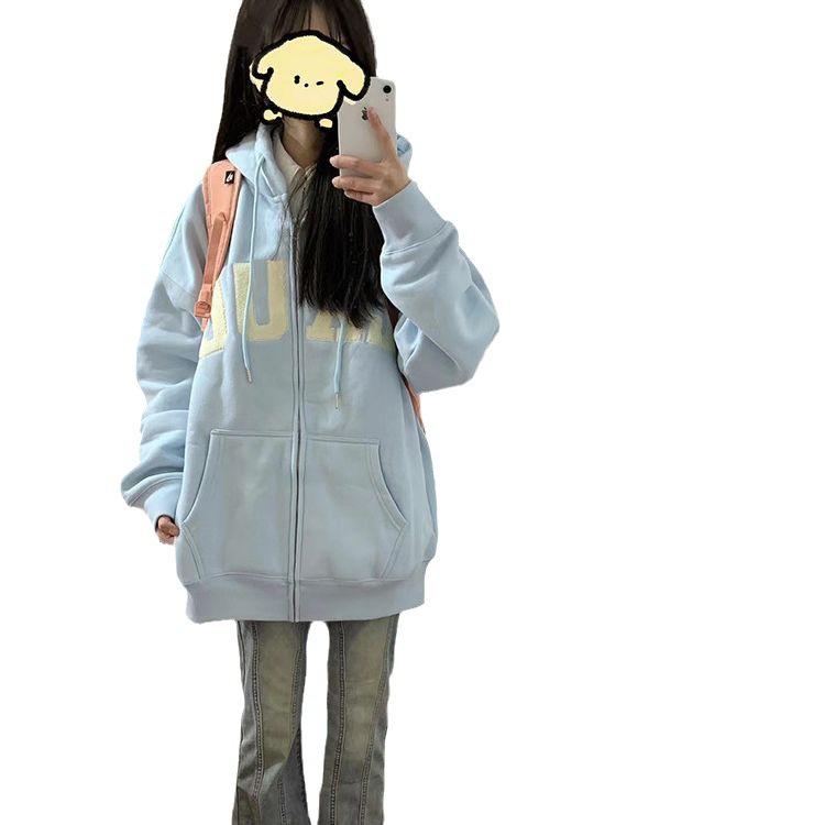 American retro cardigan sweater jacket women's spring and autumn loose casual zipper hooded baseball jersey ins
