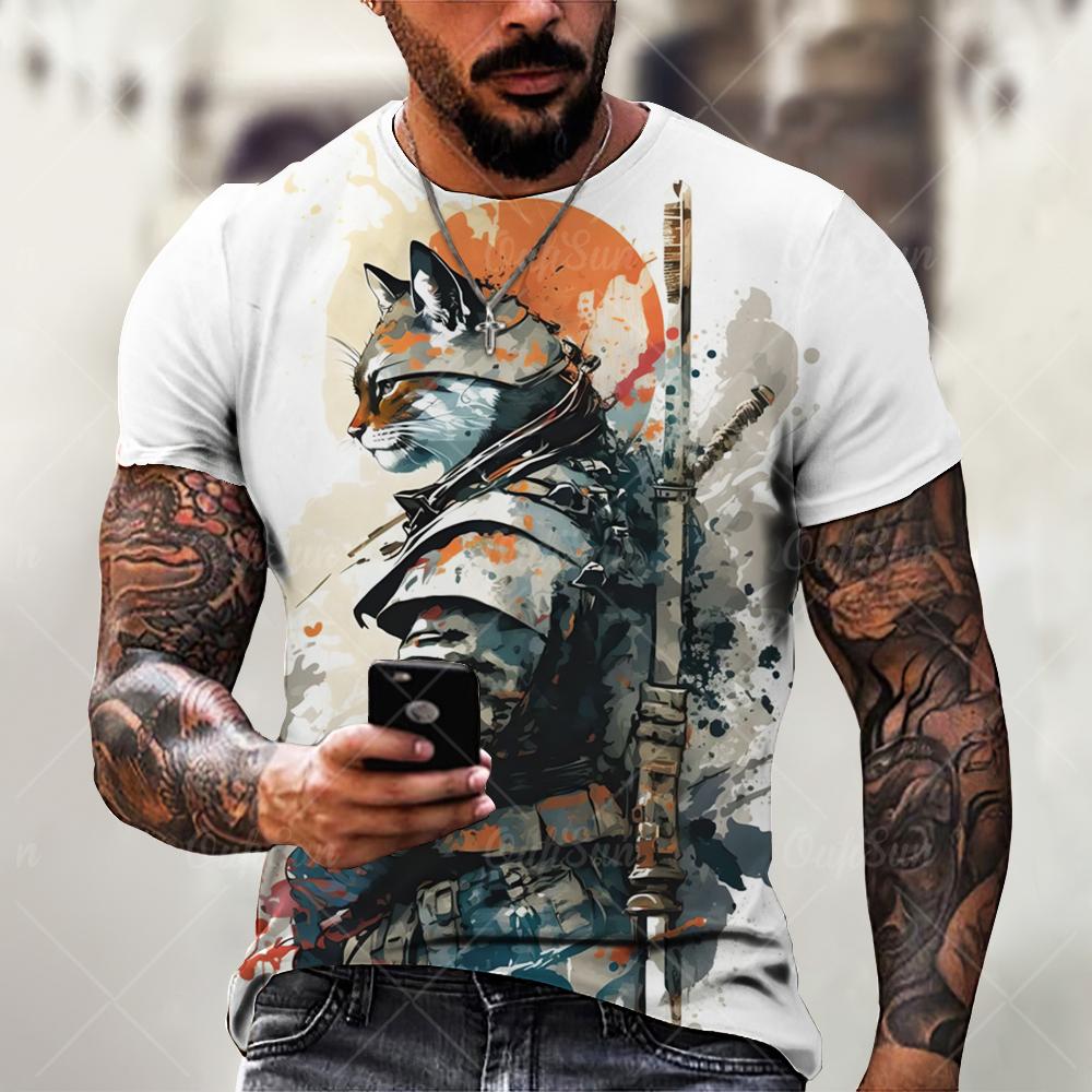 Men's T Shirts Japanese Samurai Cat Printed T-Shirt Funny 3D Animal Graphic T-Shirts Casual O-neck Loose Tops Short Sleeve Tee