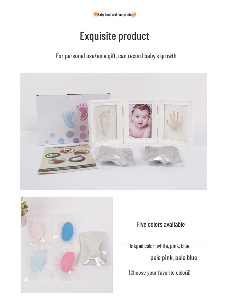 European Style Solid Wood Triple Photo Frame with Baby Hand & Footprint Ink Pad Souvenir