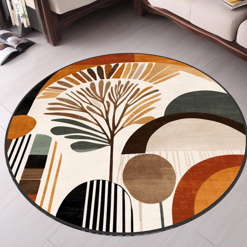 

Mid Century Boho Round Rug Stylish Contemporary Abstract Round Rug Unique Large Modern Minimalist Home Decor 60cm