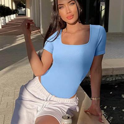 Yousheng Women Summer Bodysuit Square Neck Short Sleeves Skinny High Elasticity Thread Tight Waist Tummy Control Solid Color Lady Playsuit